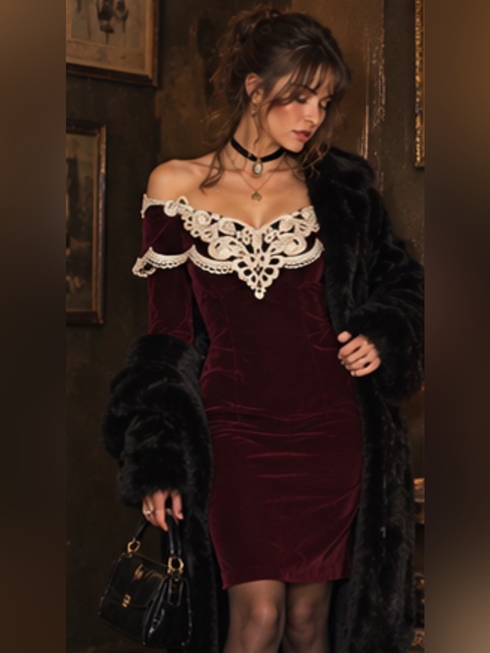 Vintage Dresses & Skirts - Insane Designer Whimsigoth Velvet Lace 1990’s Burgundy Deadstock Velvet Dress ♥️